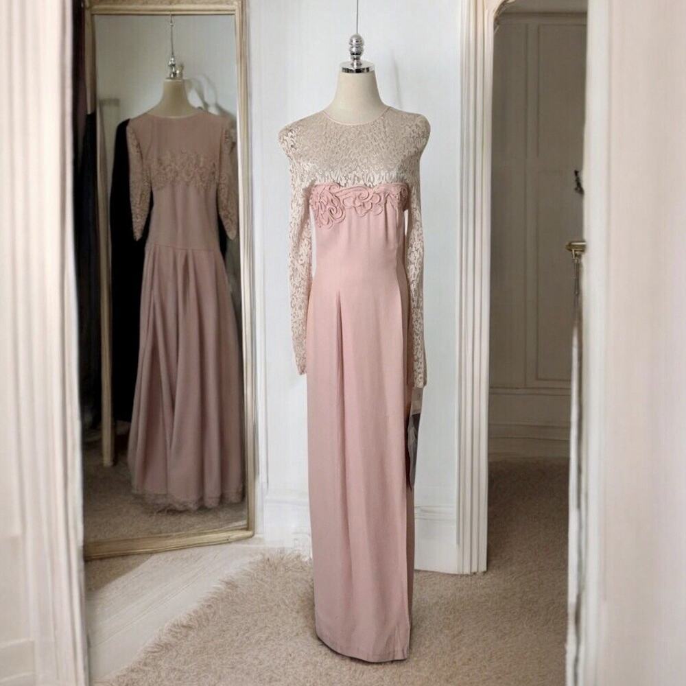 Loralie Vintage Maxi Dress Pink Lace Bodice Soutache Side Slit Formal Size 8